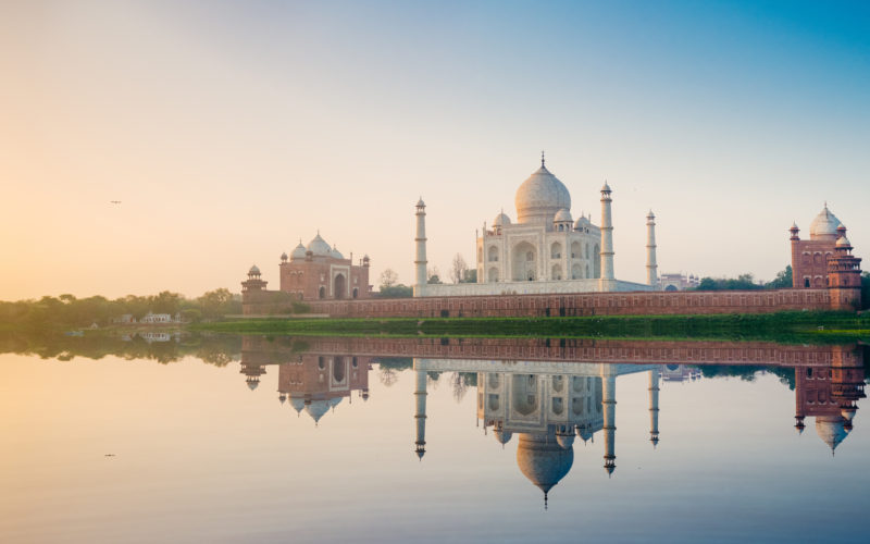 Panoramic image of the Taj Mahal as seen from Yamuna River, Agra. India.