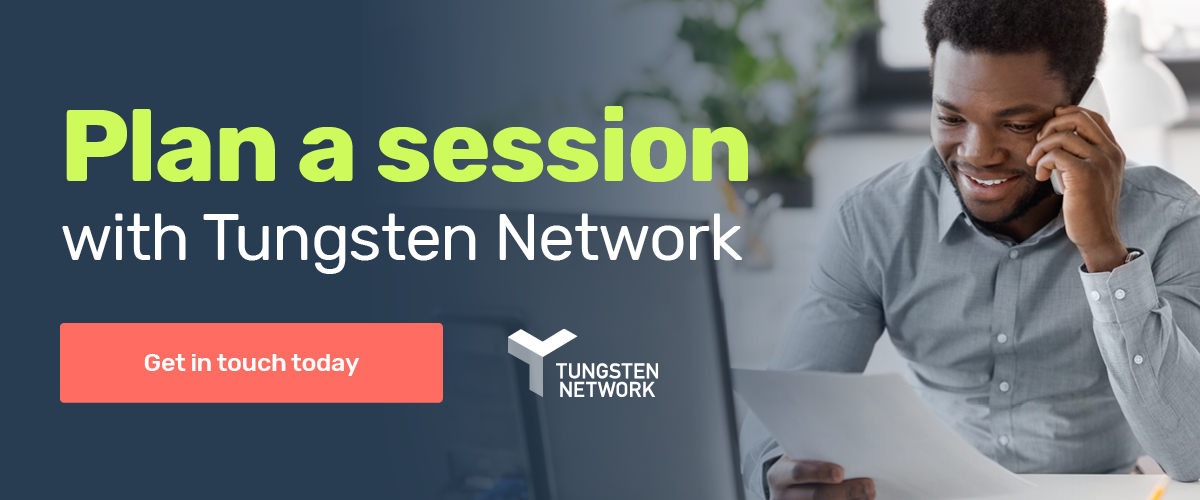 Call to Action (CTA) banner with Black man on phone, holding a piece of paper: Plan a session with Tungsten Network 